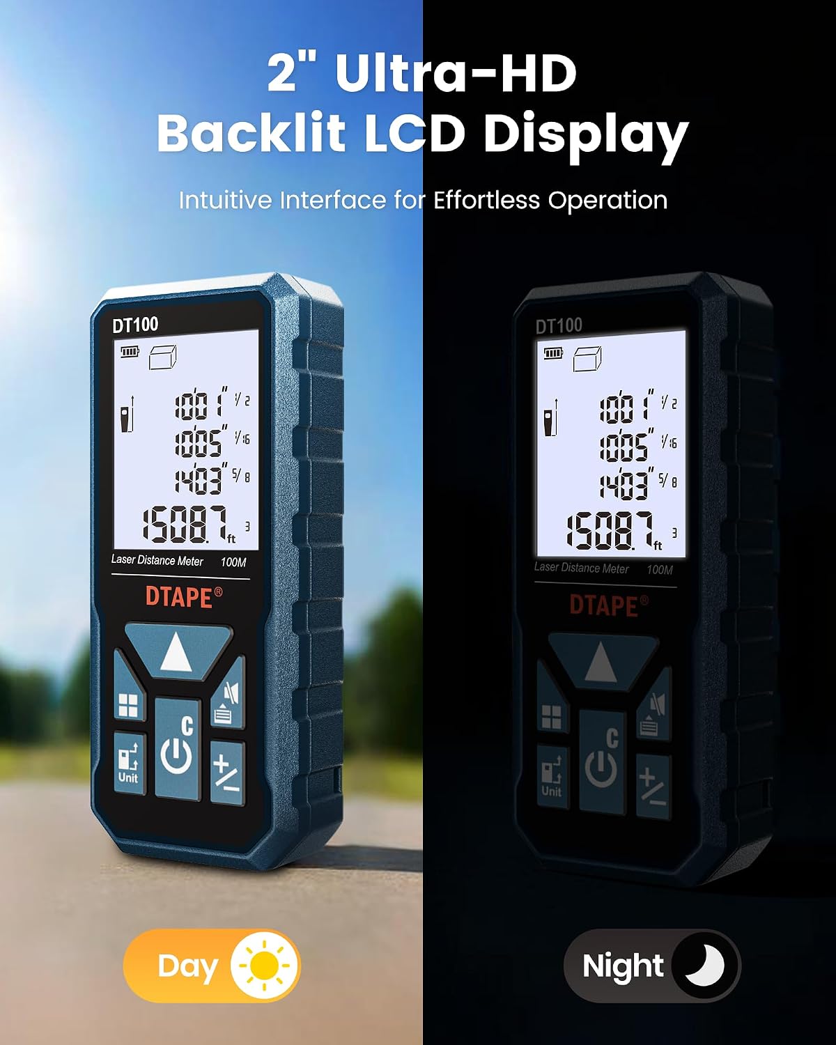 DTAPE 165 Ft Laser Measuring Tool, 1/16" High-Accuracy Laser Tape Measure | 2" Backlit LCD Display Laser Measure, Ft/In/Ft+In/M Electronic Tape Measure, Distance/Area/Volume/Indirect Laser Range Finder