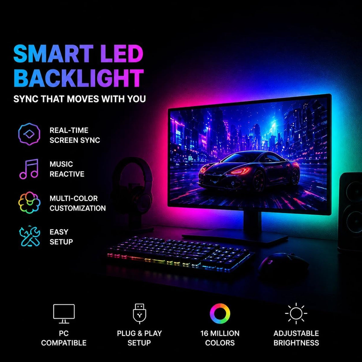 27 Inch Monitor Backlight - Immersive LED Strip with Screen Mirror Sync - PC and Mac Software Control - Gaming Setup Desktop Lights - 16M Colors Chasing Effects (27 inch)