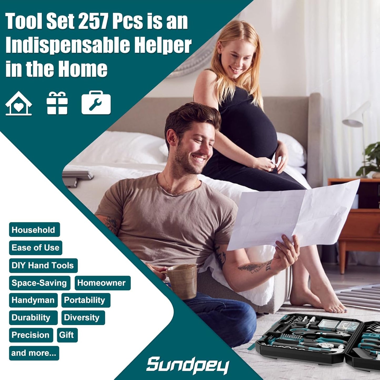 Sundpey 257 Pcs Portable General Basic Hand Tool Kit Set for Home with Case | with Mechanic Tool Set & Wrench Kit & Precision Screwdriver Set, for Men Women, for Household Car House Garage Apartment Dorm