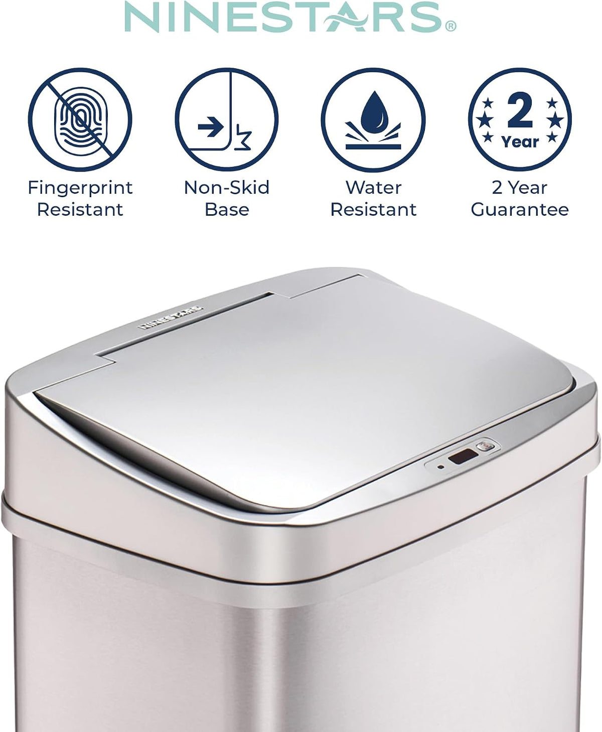 Ninestars 13 Gallon Automatic Trash Can, 50L Touchless Motion Sensor Garbage Can with Odor-Sealing Lid, Rectangular Stainless Steel, Silver Trim