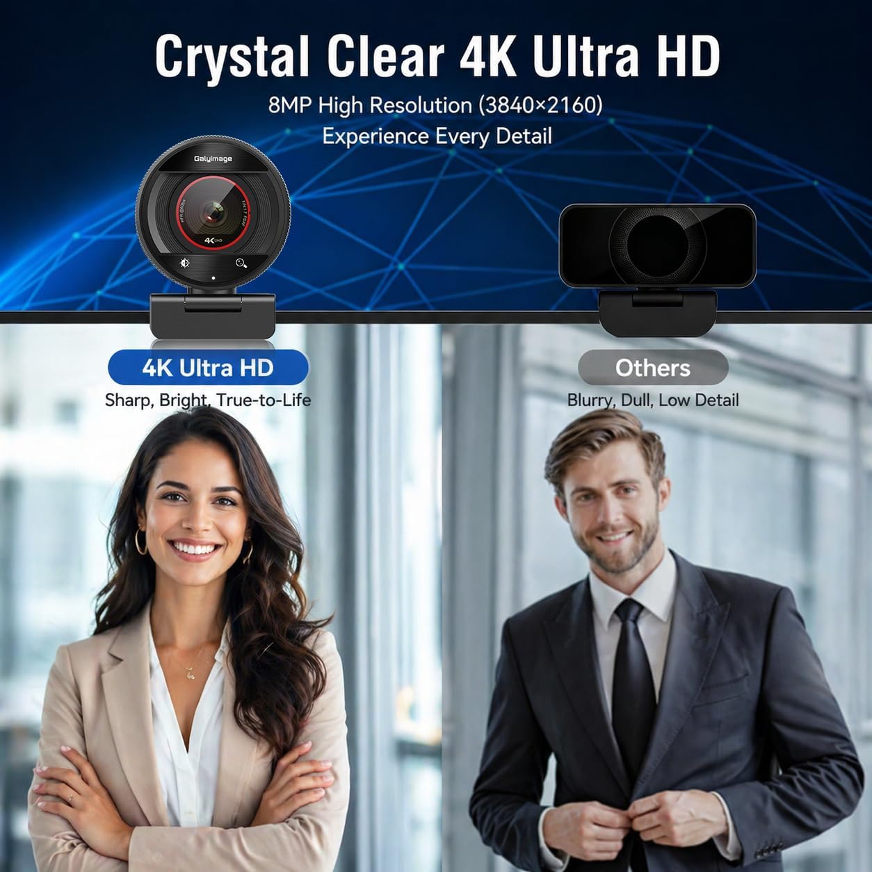 4K Webcam for PC Computer PDAF Autofocus with Built-in Microphone Windows | 1080P@60fps, Privacy Cover, Dual Noise Cancel Mics, 8X Digital Zoom, 78° FOV, Compatible Zoom Teams Twitch Google Meet