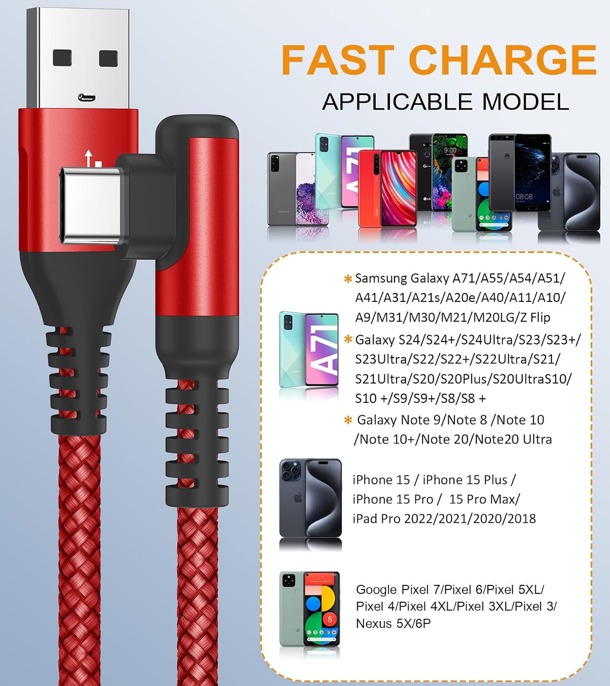 USB to USB C Cable Right Angle [3-Pack 3.3ft 6.6ft 10ft] 3.1A Fast Charging