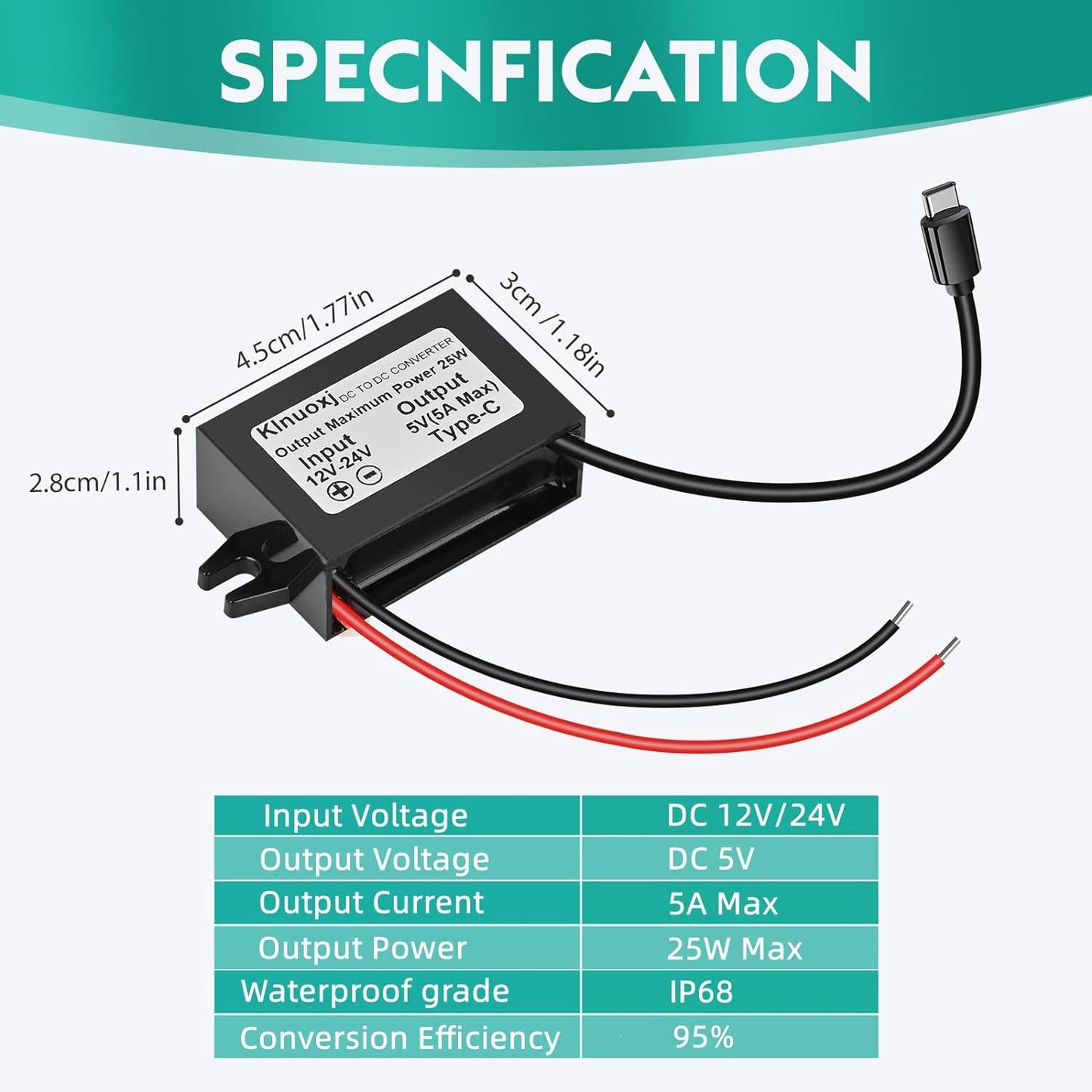 DC 12V/24V to 5V USB C Step Down Converter Type-C Interface 5A 25W Waterproof Buck Module Power Adapter Compatible with Raspberry Pi 4, Cell Phones 2-Pack