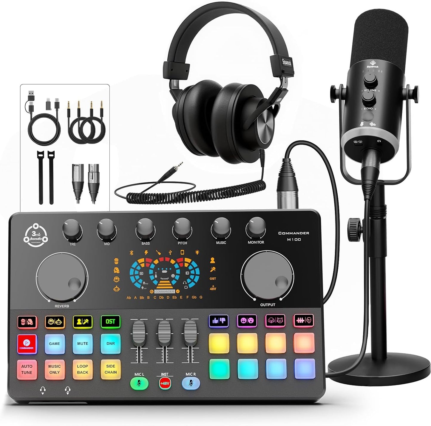 Podcast Equipment Bundle, RGB Audio Interface Mixer with Dynamic XLR/USB Microphone, Desktop Stand, Noise Reduction, Voice Changer, for Vocal Recording, Podcasting, Streaming, Gaming,TikTok