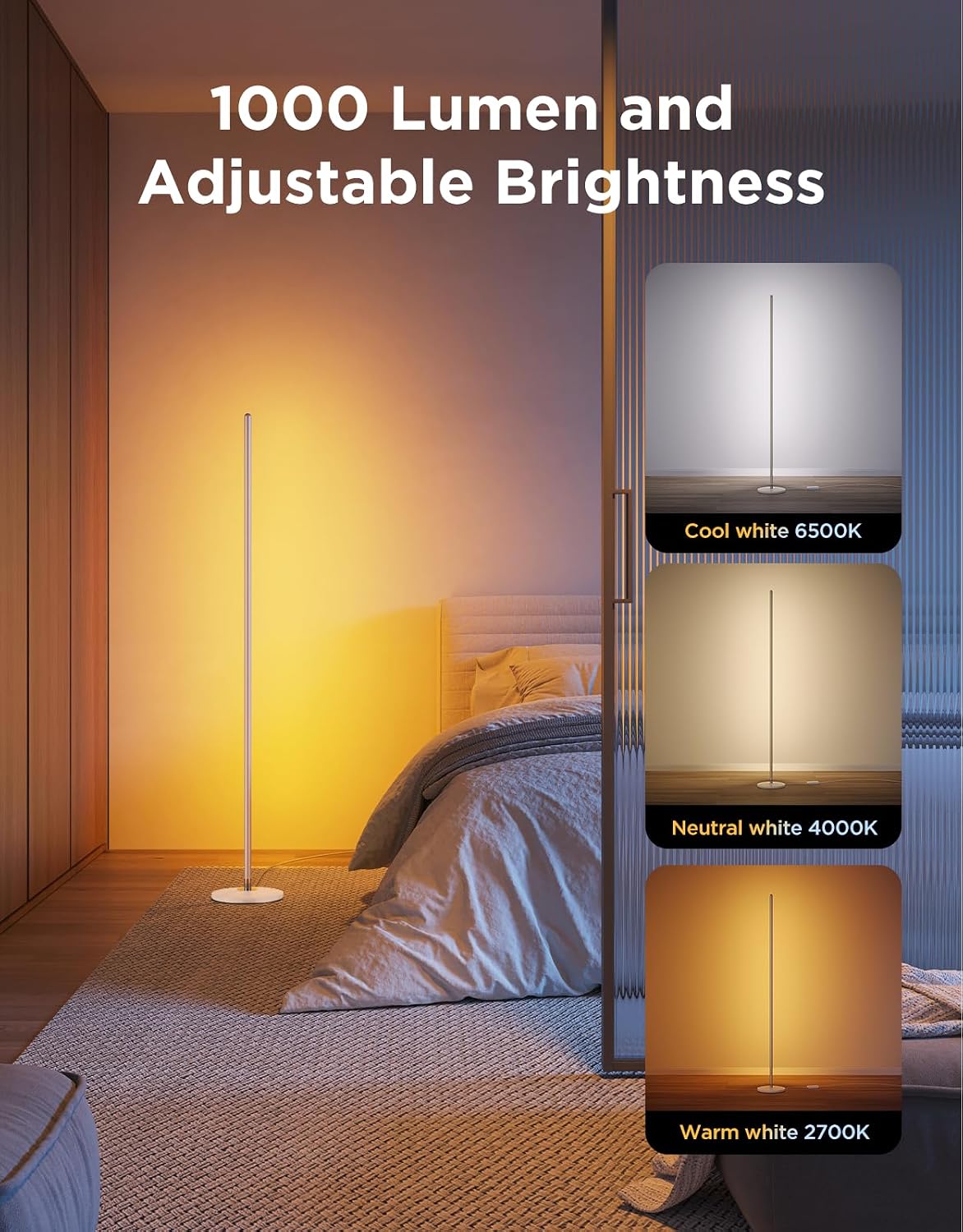 Govee RGBIC Floor Lamp Basic, 1000lm LED Corner Lamp | Works with Alexa, Smart Modern Floor Lamp with Music Sync and 16 Million DIY Colors, Color Changing Standing Lamp for Bedroom