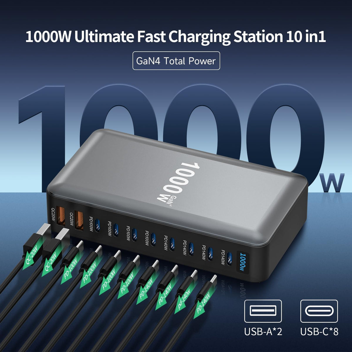 1000W 10-Port GaN 4 Desktop Charging Station with 240W 6.6 ft Data Cable - Compatible with Tablets, Phones, Laptops, Gaming Consoles, Headphones