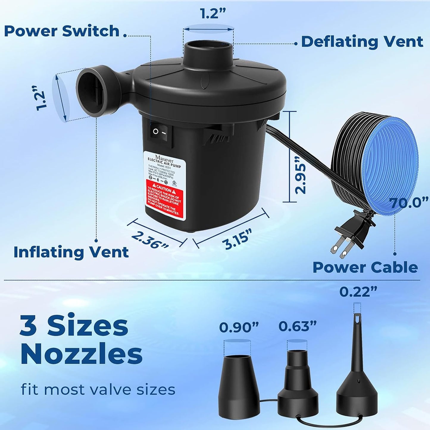 Quick-Fill Electric Air Pump with 3 Nozzles | 2 in 1 Inflator Deflator, Inflatables Pool Float Toys, Indoor Use & Outdoor Camping, AC 110V-120V
