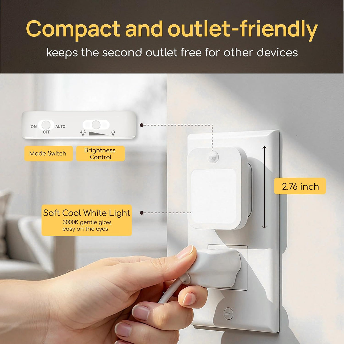 Plug-in Night Light with Motion Sensor, Dusk-to-Dawn Light Sensor