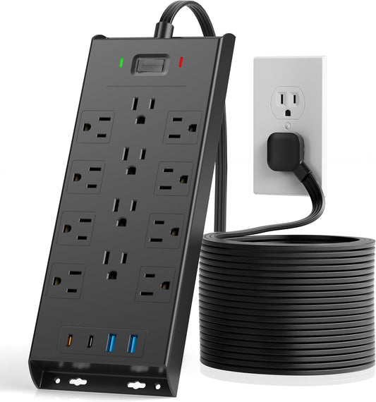 Surge Protector Power Strip 4800J, LeZone 10Ft Long Extension Cord Flat Plug, 12 Outlets 2 USB C 2 USB Ports, Wall Mountable, Desk Charging Station, Black