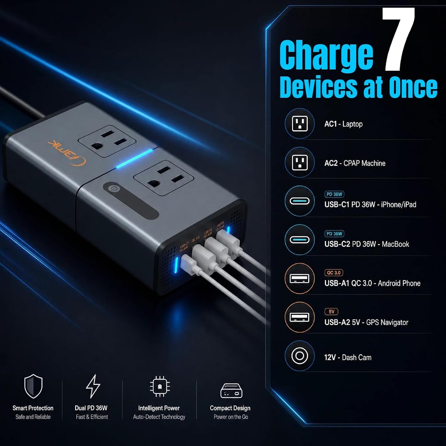 200W 7-in-1 Car Power Inverter DC 12V to 110V AC with Dual PD 36W USB-C & QC 3.0 30W, 2 AC Outlet Car Plug Adapter, LED Voltage Display, Quiet Cooling Fan for Laptop Road Trip Camping
