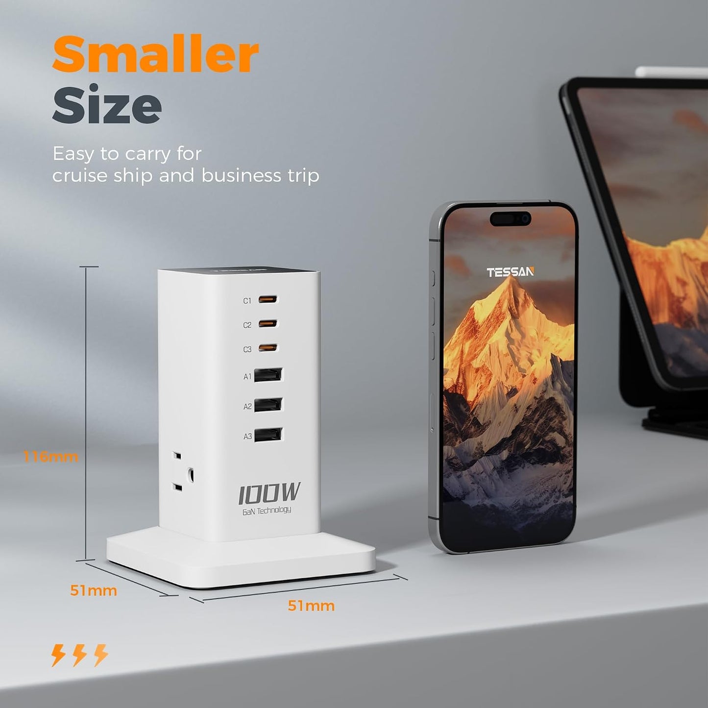 TESSAN 100W USB Charging Station for Multiple Devices 9-in-1 USB Charger | Desktop Accessories with 3 AC Outlet, 3 USB C, 3 USB A for iPhone 17/16/15, MacBook, Tablet, Home Drom Office, White