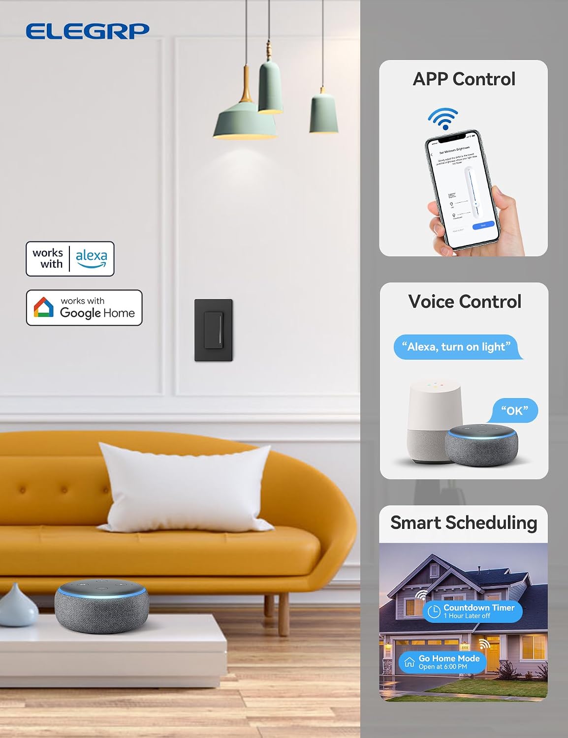 ELEGRP Smart Dimmer Light Switch DTR10, Single Pole Setup, 2.4GHz Wi-Fi Touch Dimmer Compatible with Alexa/Google Assistant, Needs Neutral Wire, No Hub Required, UL Listed, Matte Black, 2 Pack
