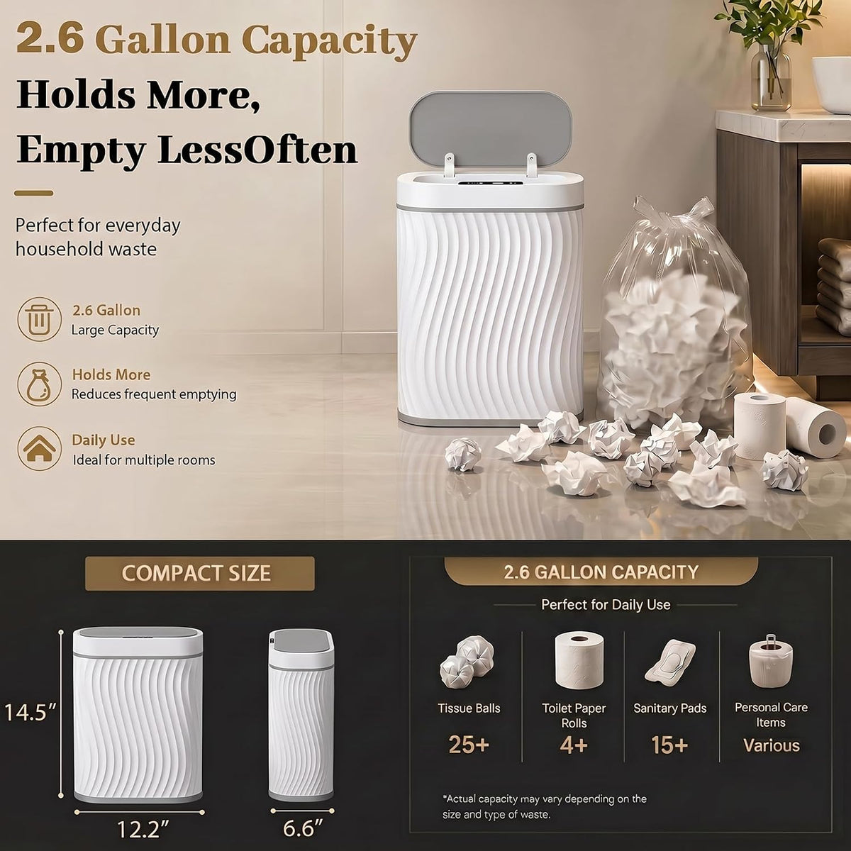 2.6 Gallon Automatic Bathroom Trash Can with Touchless Lid, White Grey