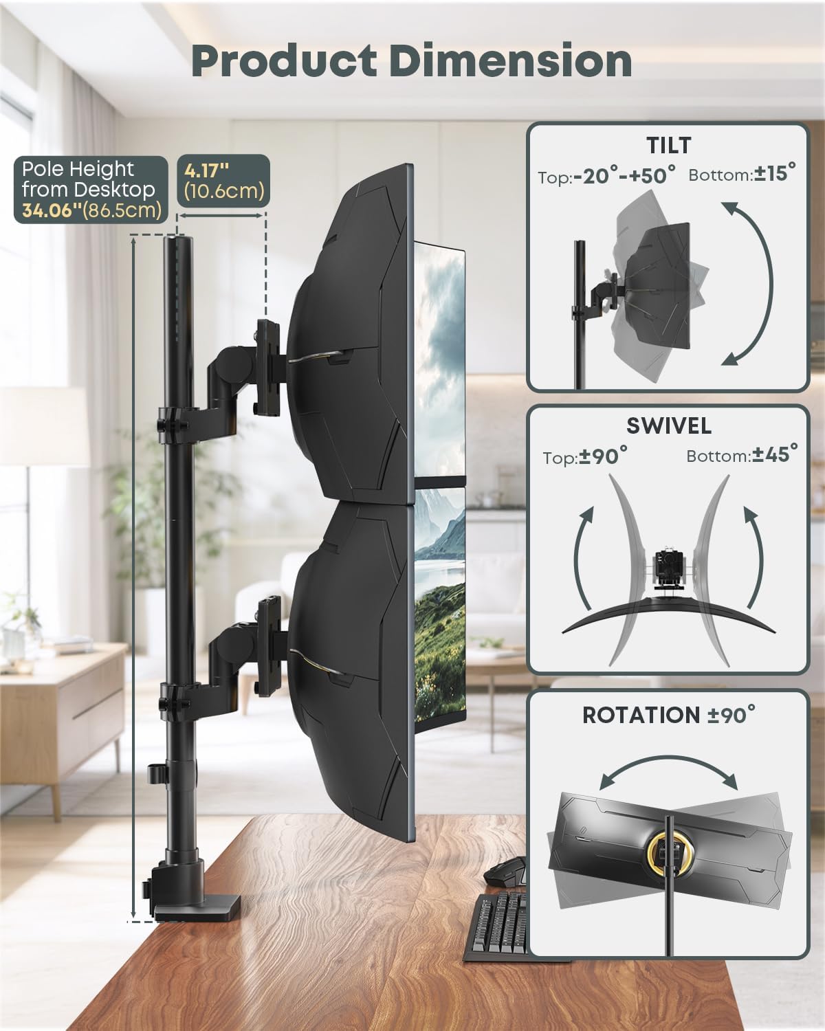 Dual Ultrawide Monitor Mount for 24-57'' Screens, Max Load 59.4 lbs per Arm | Vertically Stacked, Heavy Duty, Aluminum, Fully Adjustable, Topside Clamp/Grommet Mounting, VESA 75/100 mm, Black