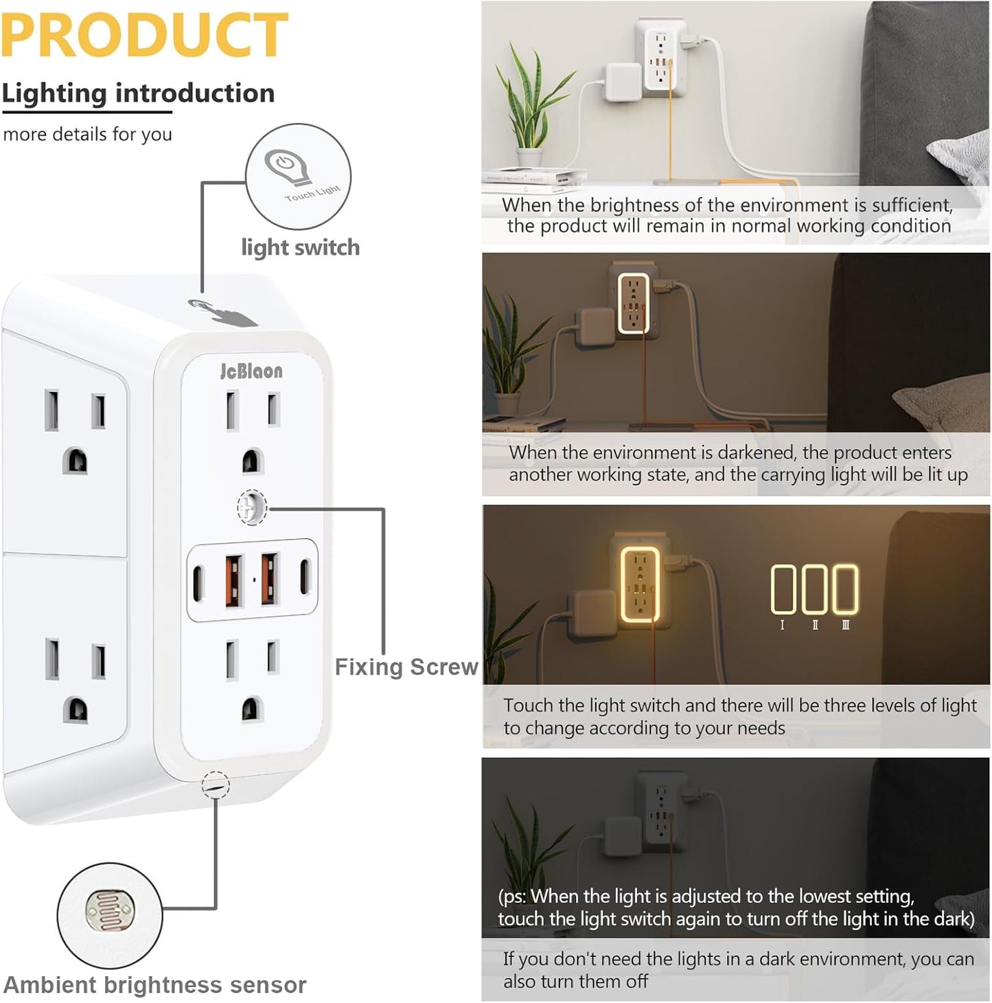 Wall Outlet Extender with Night Light, Power Plug Adapter 6 Outlet Extender with 4 USB Charging Ports 1050J Power Strip Multi Plug Adapter Spaced for Home Travel Office (2U2C)-ETL