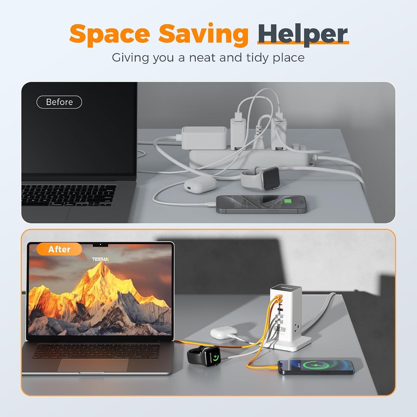 TESSAN 100W USB Charging Station for Multiple Devices 9-in-1 USB Charger | Desktop Accessories with 3 AC Outlet, 3 USB C, 3 USB A for iPhone 17/16/15, MacBook, Tablet, Home Drom Office, White