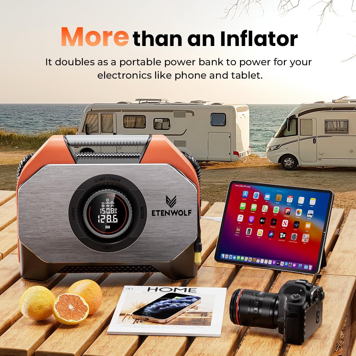 ETENWOLF VORTEX S6 Tire Inflator Portable Air Compressor, Cordless Air Pump | with 19200mAh for Heavy-duty Vehicle, Car & Inflatables-100% Duty Cycle & Dual Cylinder-Bike Pump-LED Backlight, Vivd Orange