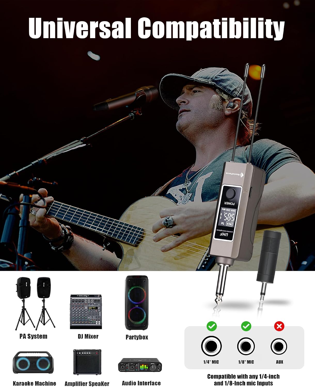 Wireless Microphone for Singing, Professional Vocal Microphone | UHF Wireless System, Plug-and-play, 260ft, Pickup Pattern, Long Battery, All-metal Build, Karaoke Microphone for Speaker