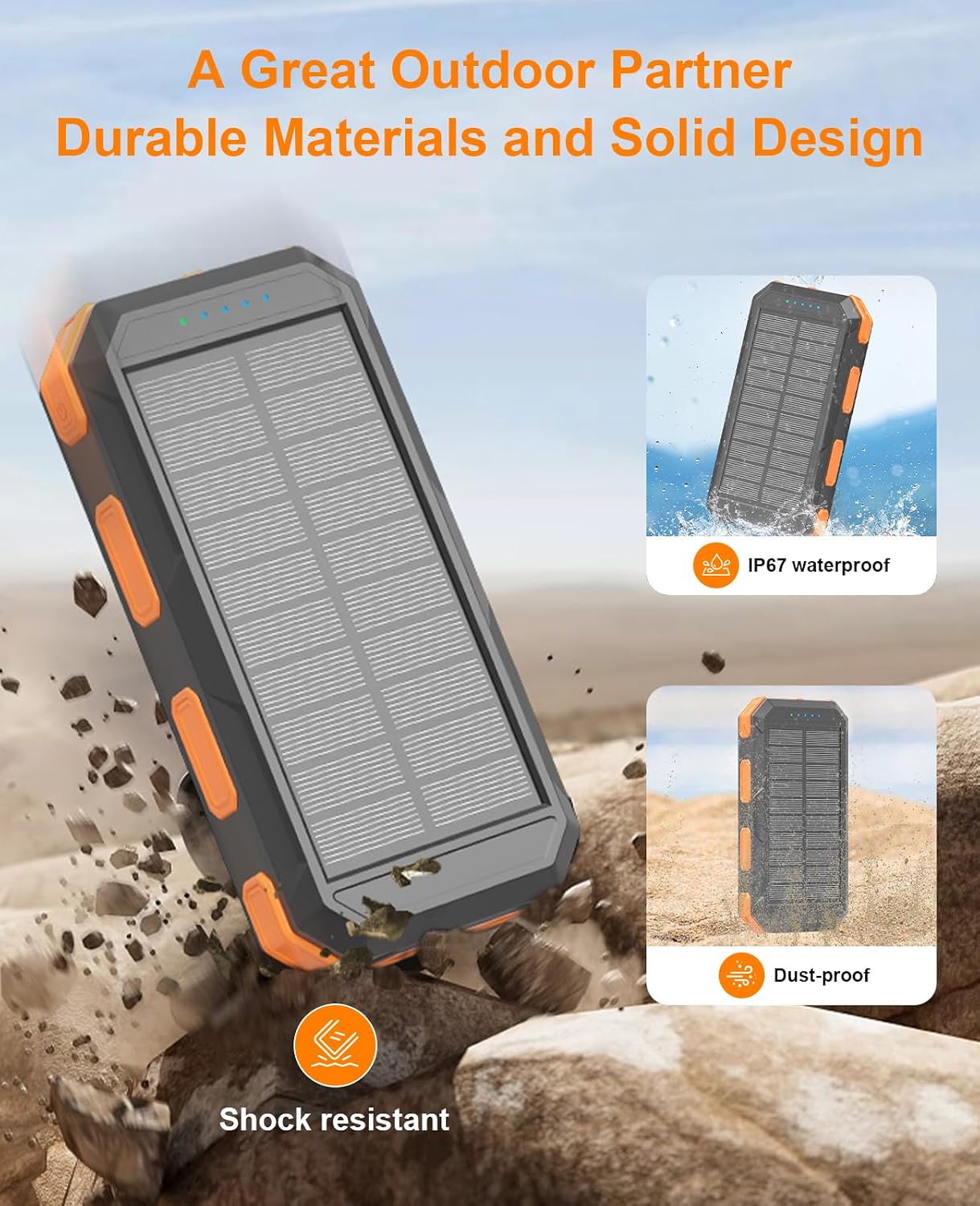 Solar Charger Power Bank 38800mAh, 22.5W USB-C Fast Charging Portable Charger with 4 Built-in Cables, External Battery Pack with Dual LED Emergency Flashlights for Camping, Hiking, Outdoor Use