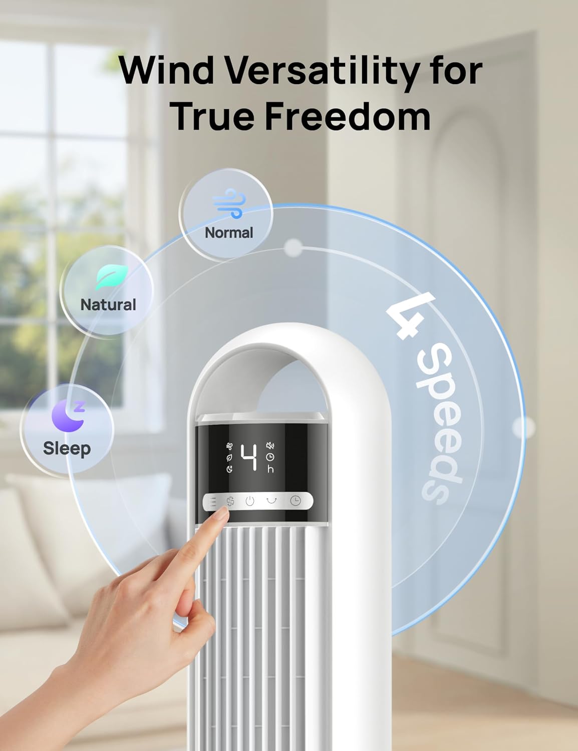 DREO Tower Fan for Bedroom, 26ft/s Velocity, 90° Oscillating, 8H Timer | 4 Speeds, 3 Modes, 28dB Quiet Standing Fan, Floor Fan for Room, Living Room, Office, Home, Cooling Fan with Remote, White