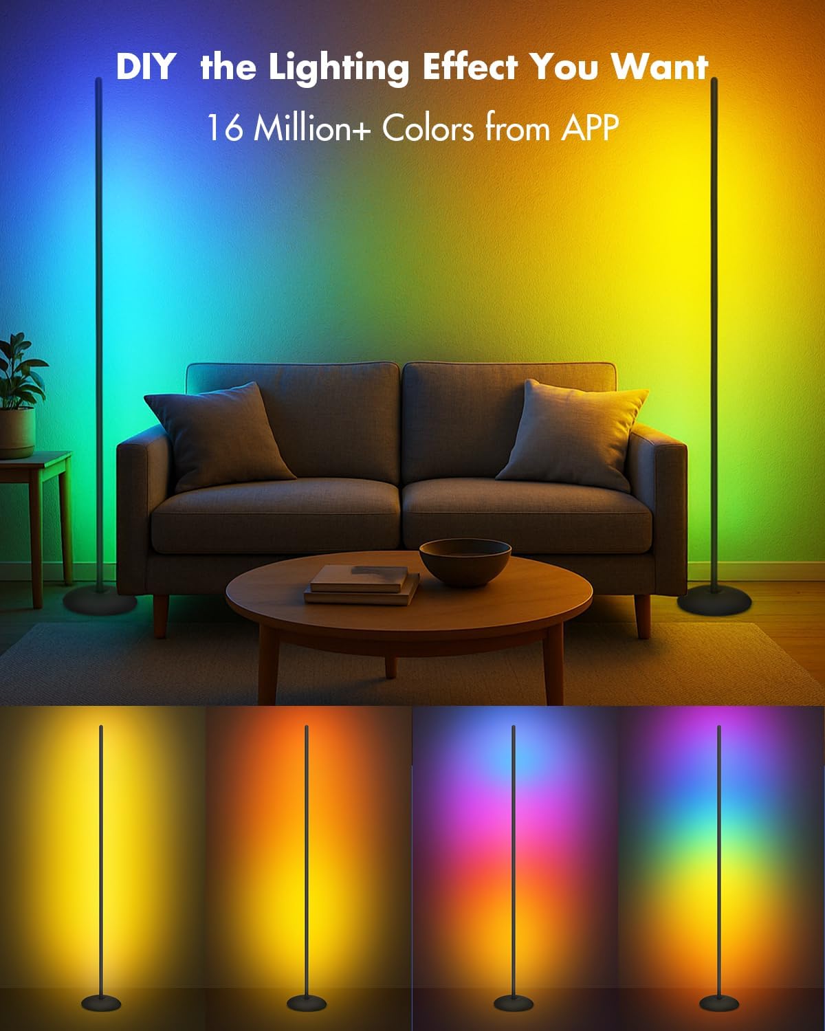 LED Corner Floor Lamp, RGB LED Corner Lamp with App & Remote, Smart Floor Lamp with 16 Million Colors, Music Sync, Scene Modes, Color Changing Standing Lamps for Living Room, Bedroom
