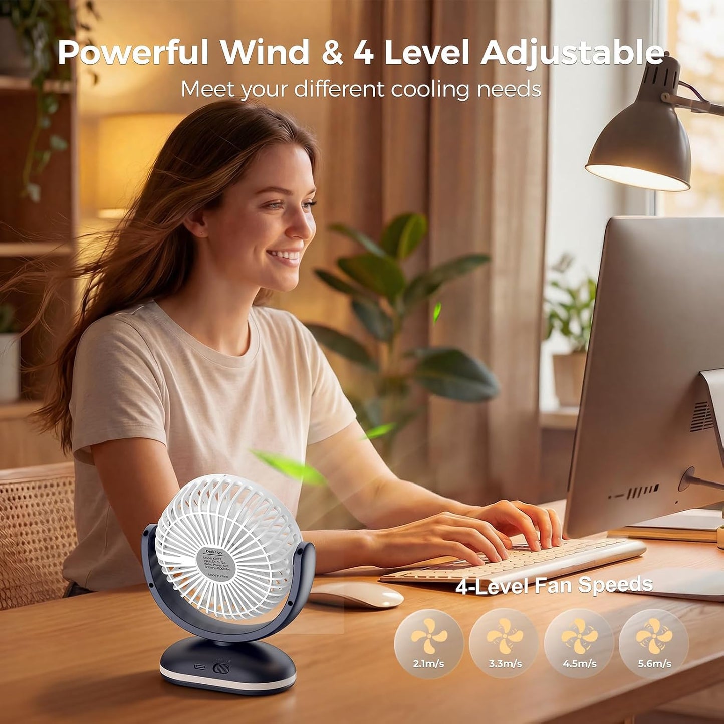 TriPole Small Rechargeable Portable Desk Fan with Smart Display & LED Light | 31H Runtime, Quiet Operation, 4 Speeds, Mini Battery Operated Fan for Bedroom Office Outdoor Travel Camping Cruise, White