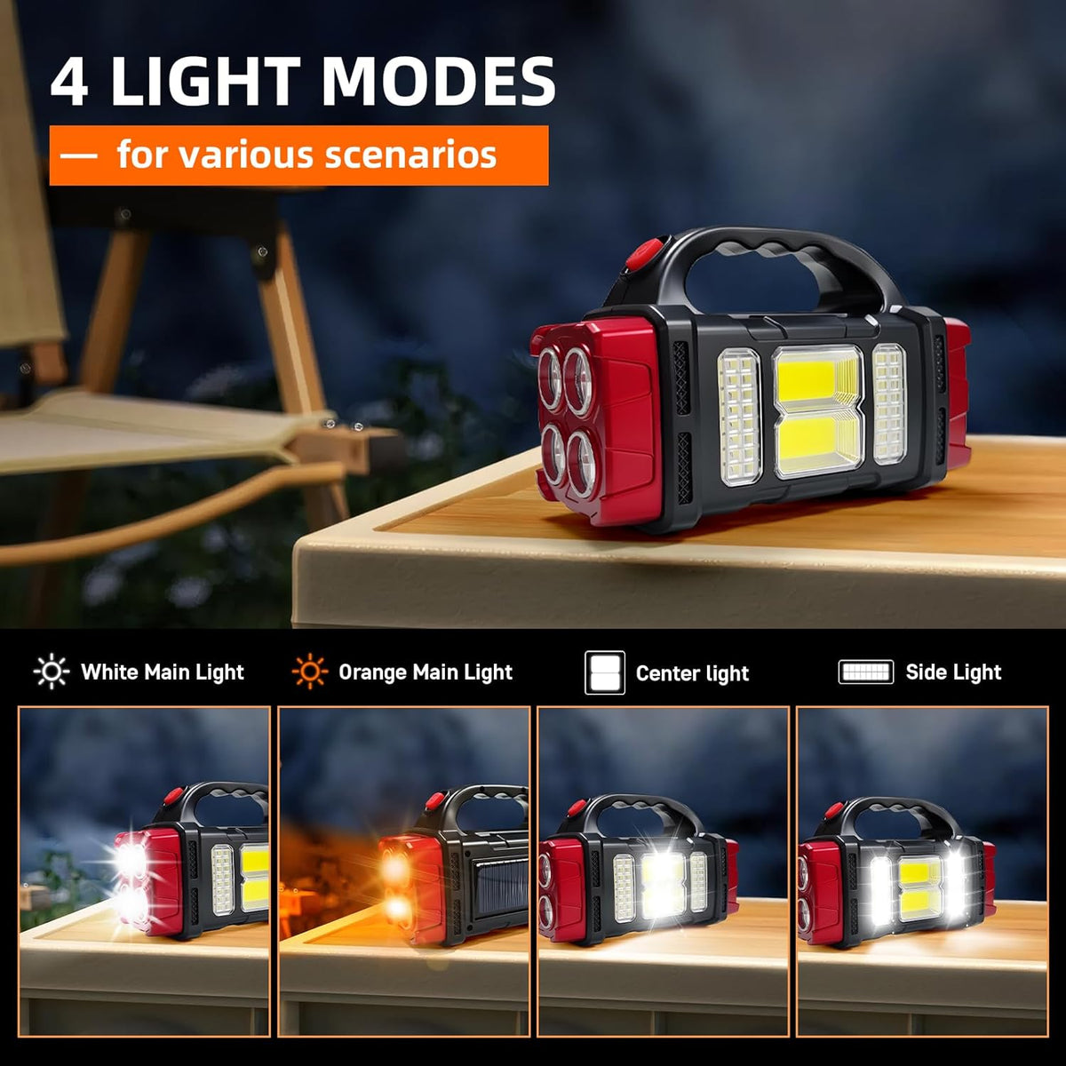 Solar Handheld Flashlight, 4 Lighting Modes Rechargeable LED Work Light, USB-C & Solar Powered Portable Lantern,Emergency Camping Light for Outdoor, Hiking, Power Outage (Red-1pcs)