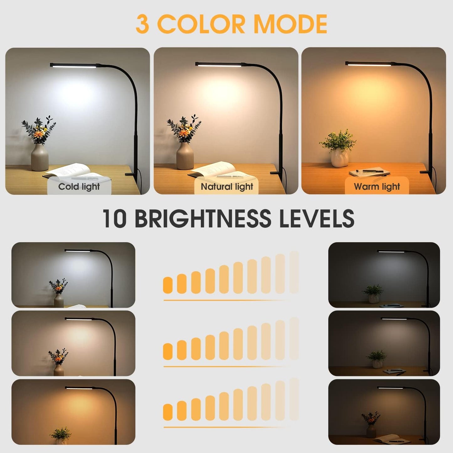 LED Desk Lamp with Clamp, Clip on Lights for Home Office, Black | 3 Modes 10 Brightness, Long Flexible Goose-Neck, Eye-Caring, Memory Function, Energy Efficient, USB Adapter, Metal