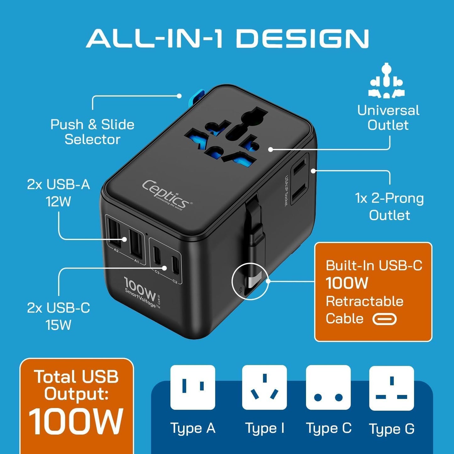Ceptics GAN 100W Universal Travel Adapter with Retractable USB-C Cable, 2X USB-A & C, Universal Input and 1x USA/JP Input, 7 in 1 Universal Adapter for Worldwide Travel - Type A, C, G, I Output