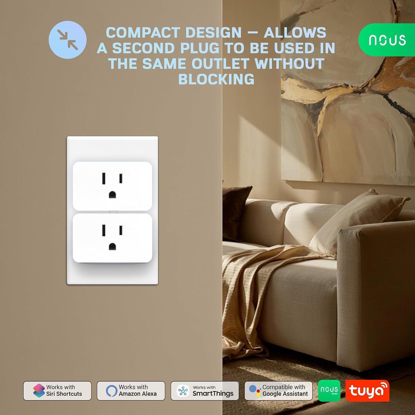 NOUS Wi-Fi Smart Plug 15A, Dual-Band 2.4GHz & 5GHz, Energy Monitoring, Compatible with Alexa, Google Home, Tuya App, Remote Control, Timer, Compact Design, Smart Outlet, 3 Pack
