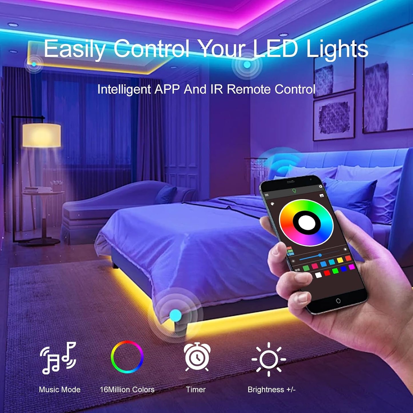 100 FT LED Lights For Bedroom，With 44 Key Infrared Remote Control And Bluetooth Application Smart LED Strip Lights, Music Synchronous Color Changing Light Strip, Used For Room Kitchen Party Decoration