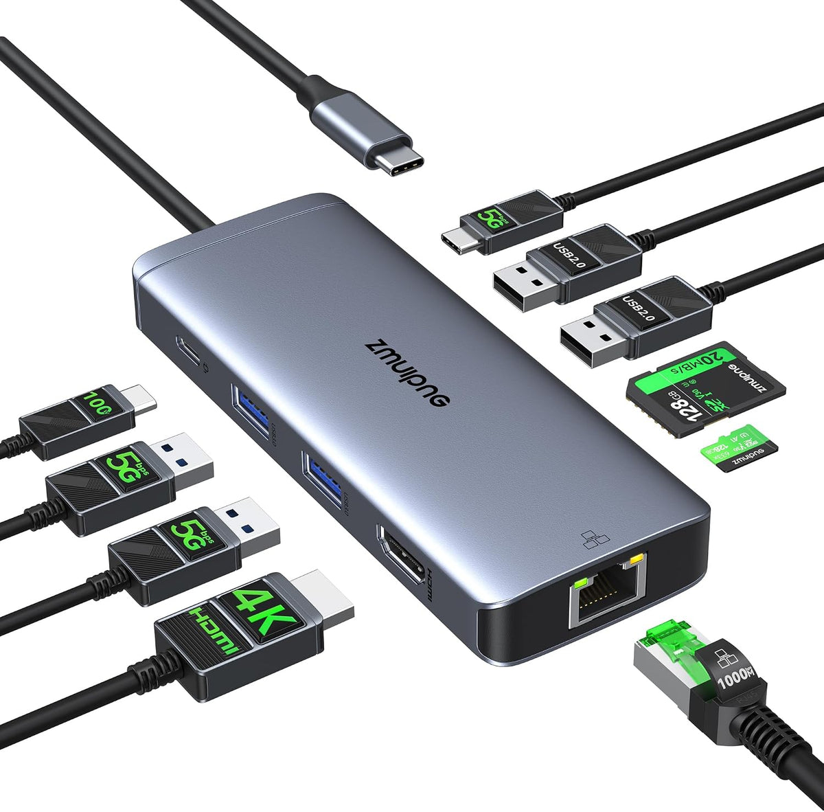 USB C Hub Ethernet USB-C Adapters for MacBook Pro/Air with HDMI 4K@60Hz