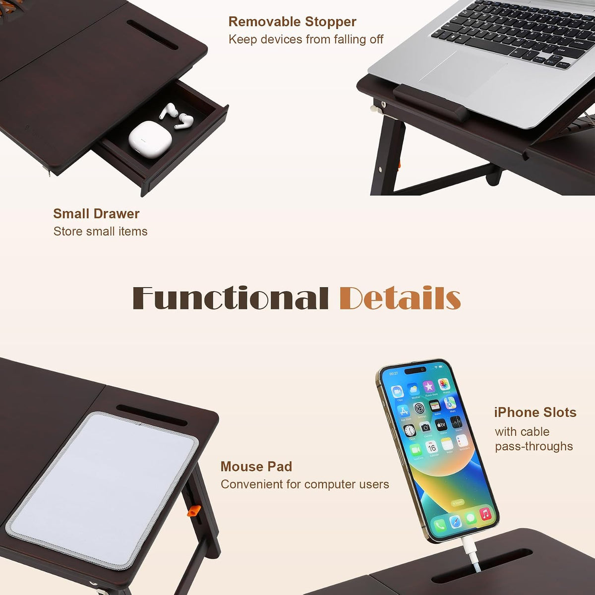 Nnewvante Laptop Desk with Fan 7 Angles & 4 Heights Adjustable,Black Walnut | Bamboo Foldable Lap Desk with Drawer, Phone Slot for Bed Floor
