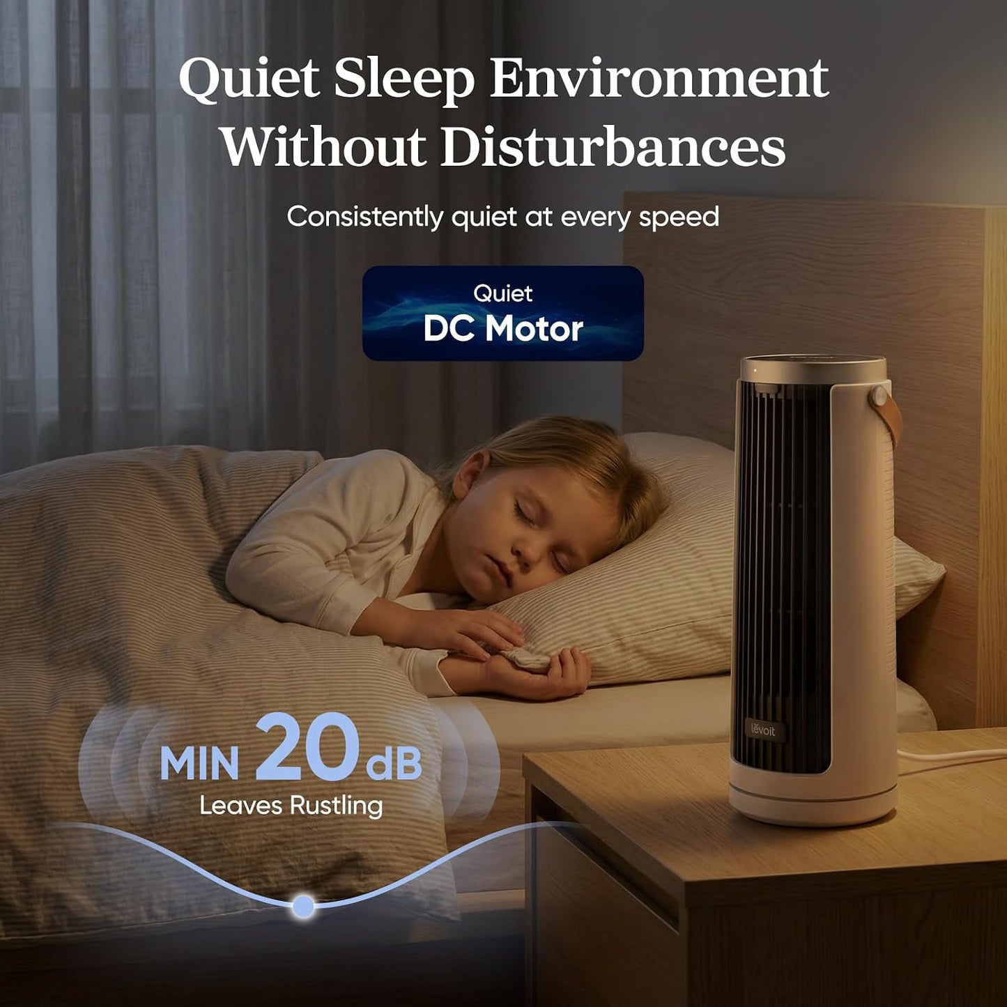 Levoit Tower Fan for Bedroom, 20dB Quiet Desk Fan, Portable Fan with 23ft/s | 3 Angles 4 Speeds Mini Oscillating Fan, DC Motor, Bladeless, Easy to Carry, Remoter, 12H Timer, for Home, Room, Office, White