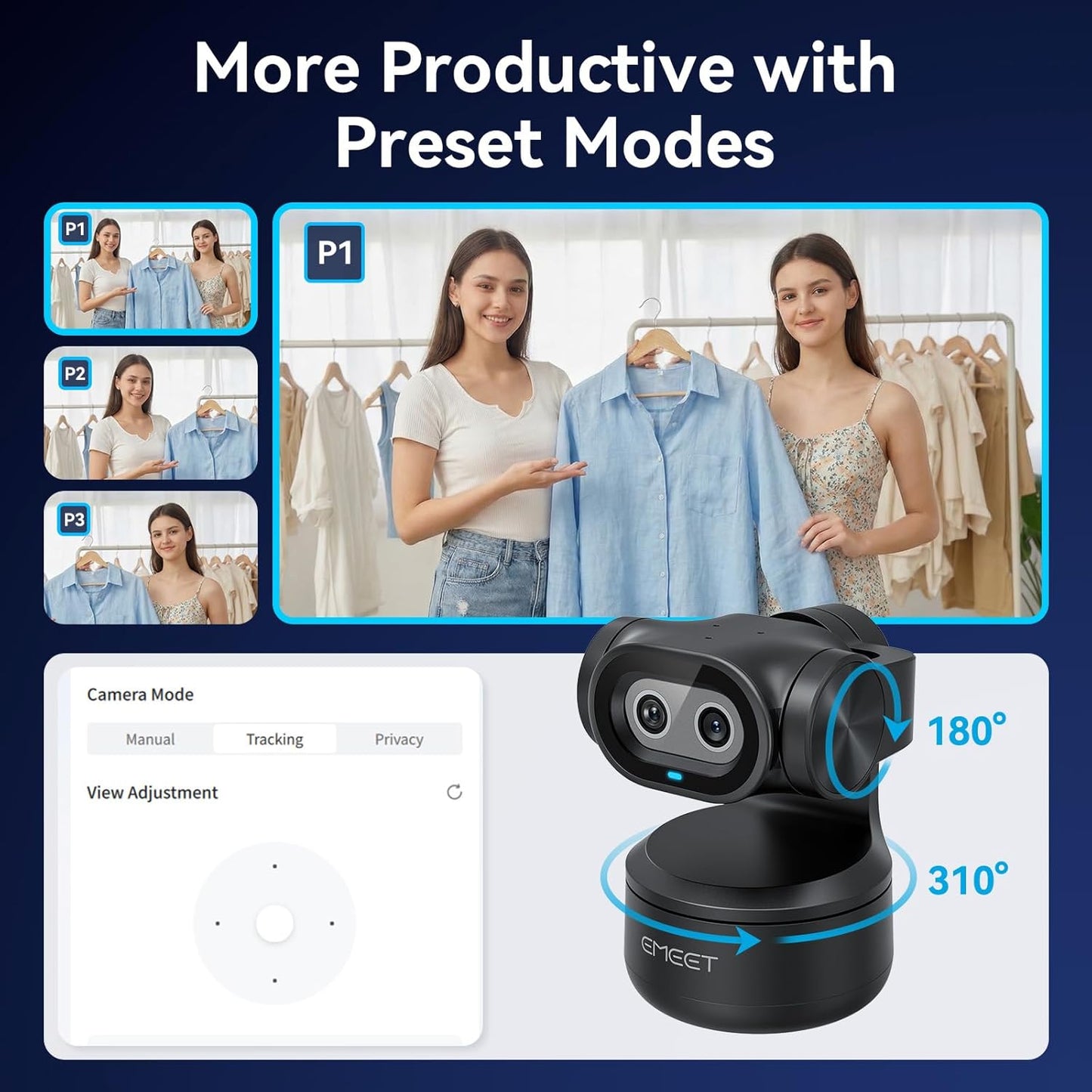 EMEET PIXY Dual-Camera PTZ Camera 2K, AI Tracking, PDAF&AI Autofocus 0.2s | 1/2.55'' Sony Sensor, 3 Mics, Presets, Gesture Control, 2K Webcam for Streaming and OBS/Twitch/Switch 2 Compatible