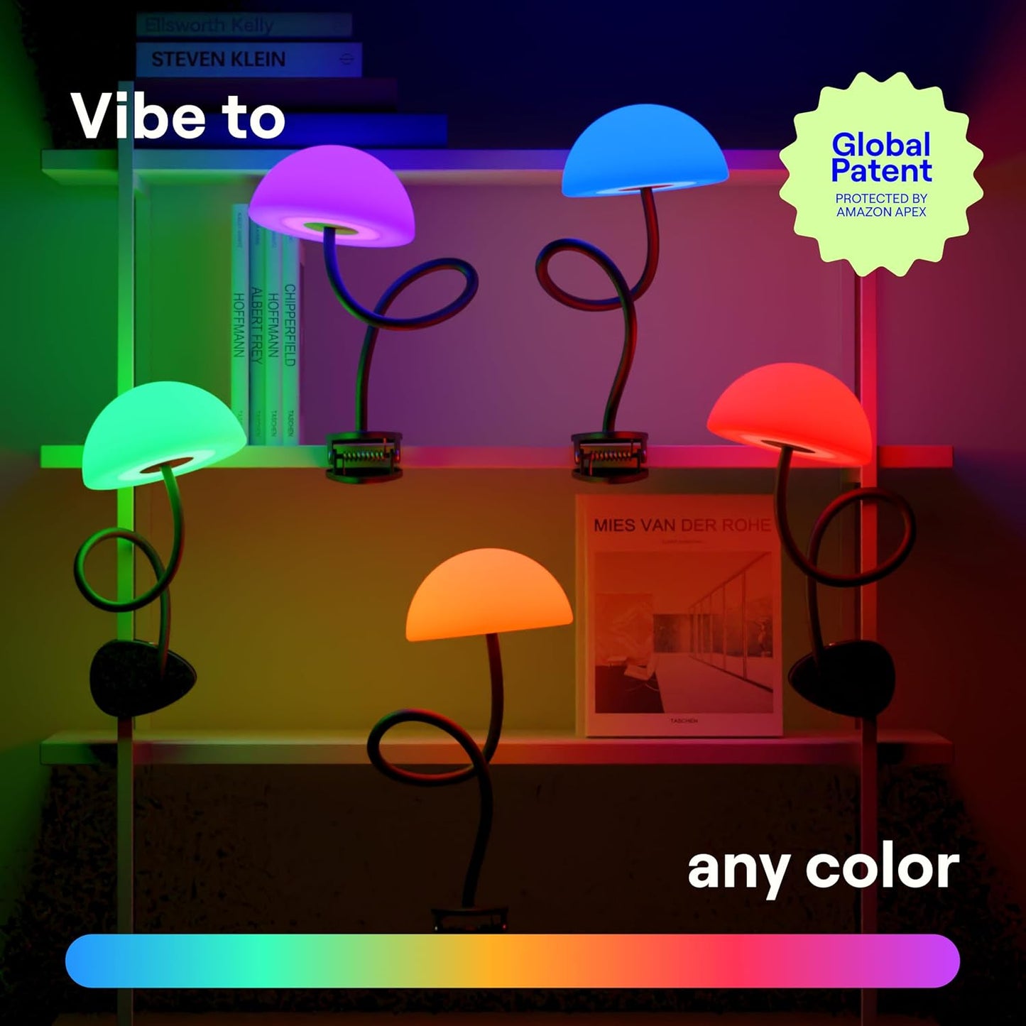 Shroommate Dorm Room Essential Clip On Bed Light - Headboard and Bedside Table Lamp, Flexible Reading Lamp, Night Light for Kids Nursery, Clip on for Desk, MultiColor LEDs, Adapter Included (Black)