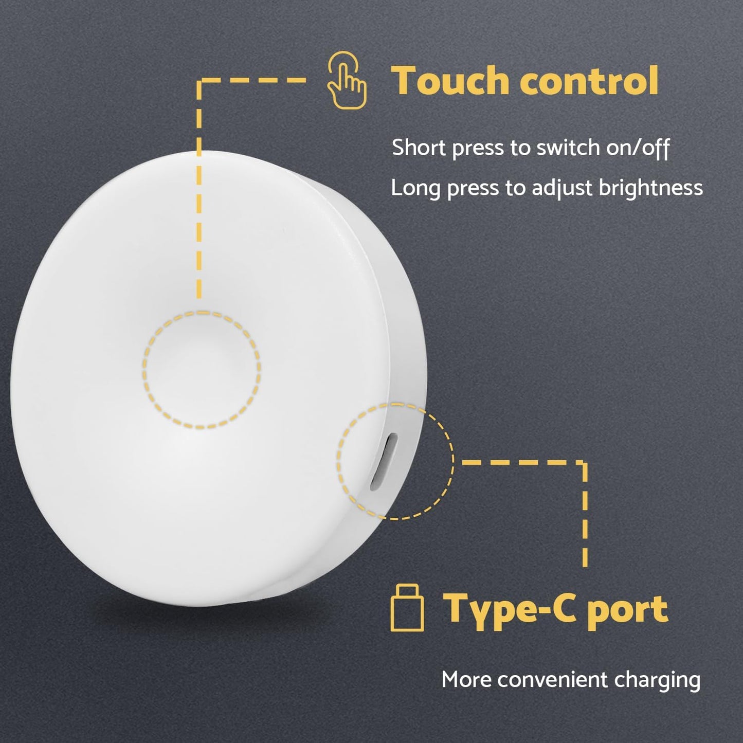 DAZZY DOT Rechargeable Puck Lights 2-Pack, Magnetic Tap Light, Cool White | Dimmable touch control, magnetic & adhesive mounting, 1000mAh rechargeable battery, 8 LED beads, brightness memory