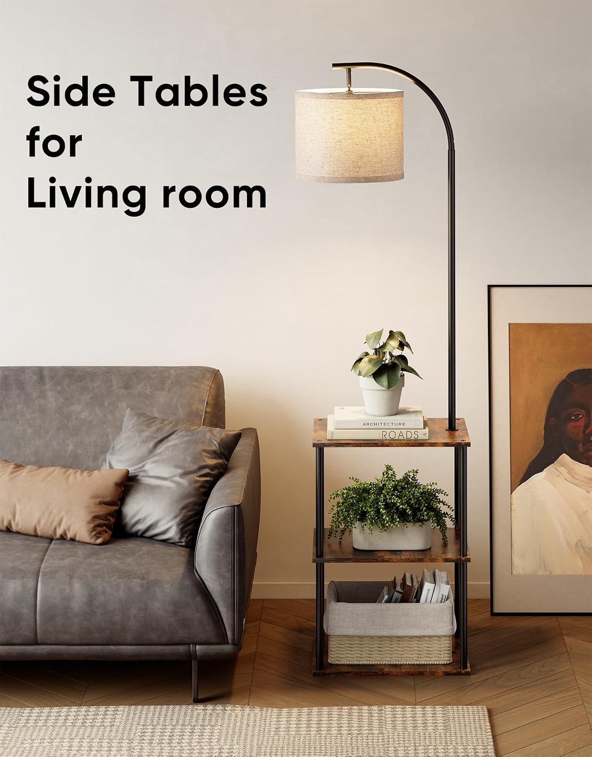 PARTPHONER Floor Lamp with Table, Night Stand with Lamp, Narrow Side Table with 3CCT LED Bulb, Small Coffee Table, Modern End Table with Storage Shelves for Living Room Bedroom Home Décor