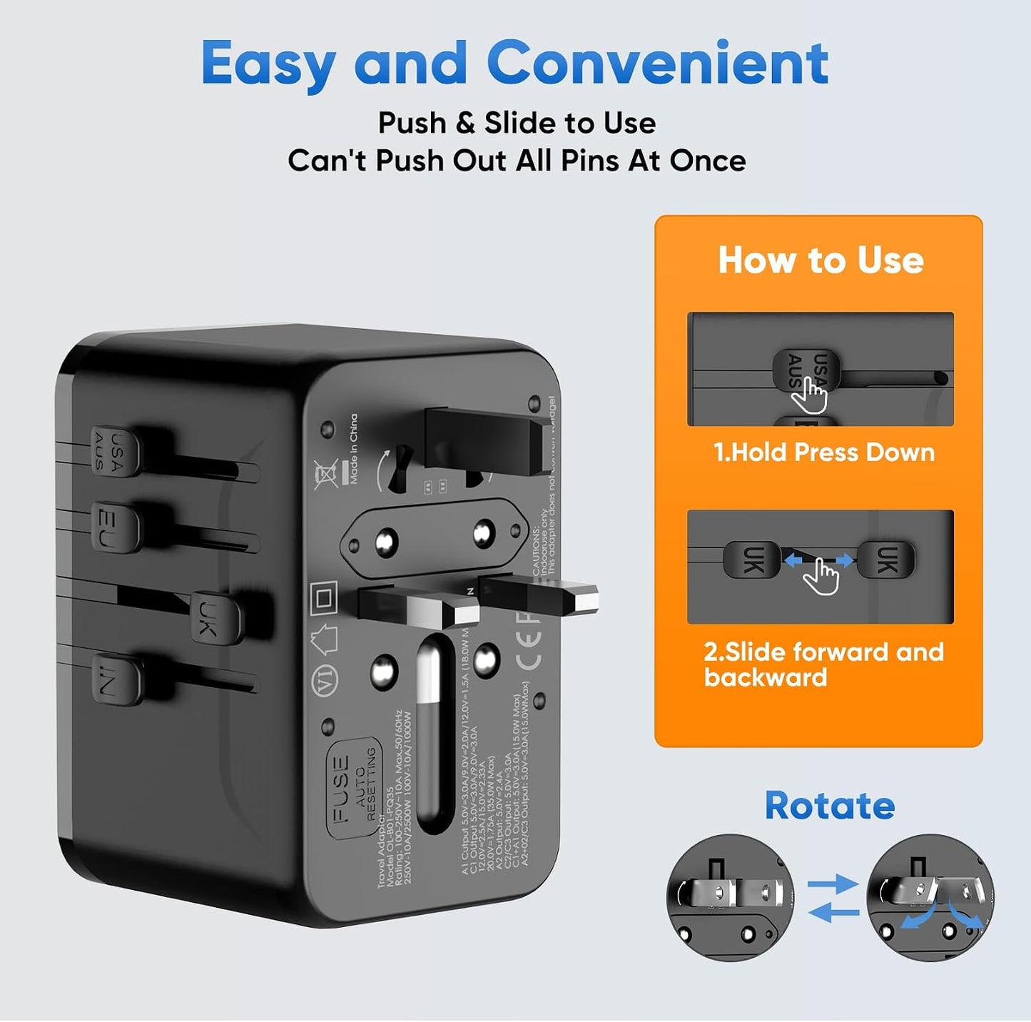 Universal Travel Adapter, International Power Adapter GaN, Type C/G/D/I/A | Auto-Resetting Fuse, 3 USB-C/2 USB-A&1 AC, All-in-One Portable Plug Adaptor Worldwide For US to EU UK AU IN Spain France
