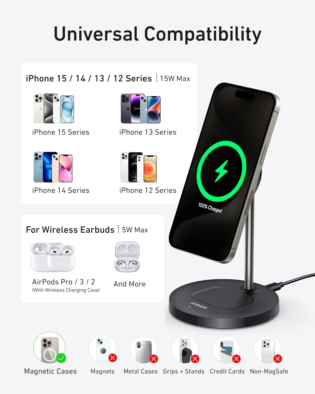 2-in-1 Qi2 15W MagSafe Wireless Charging Stand, Black