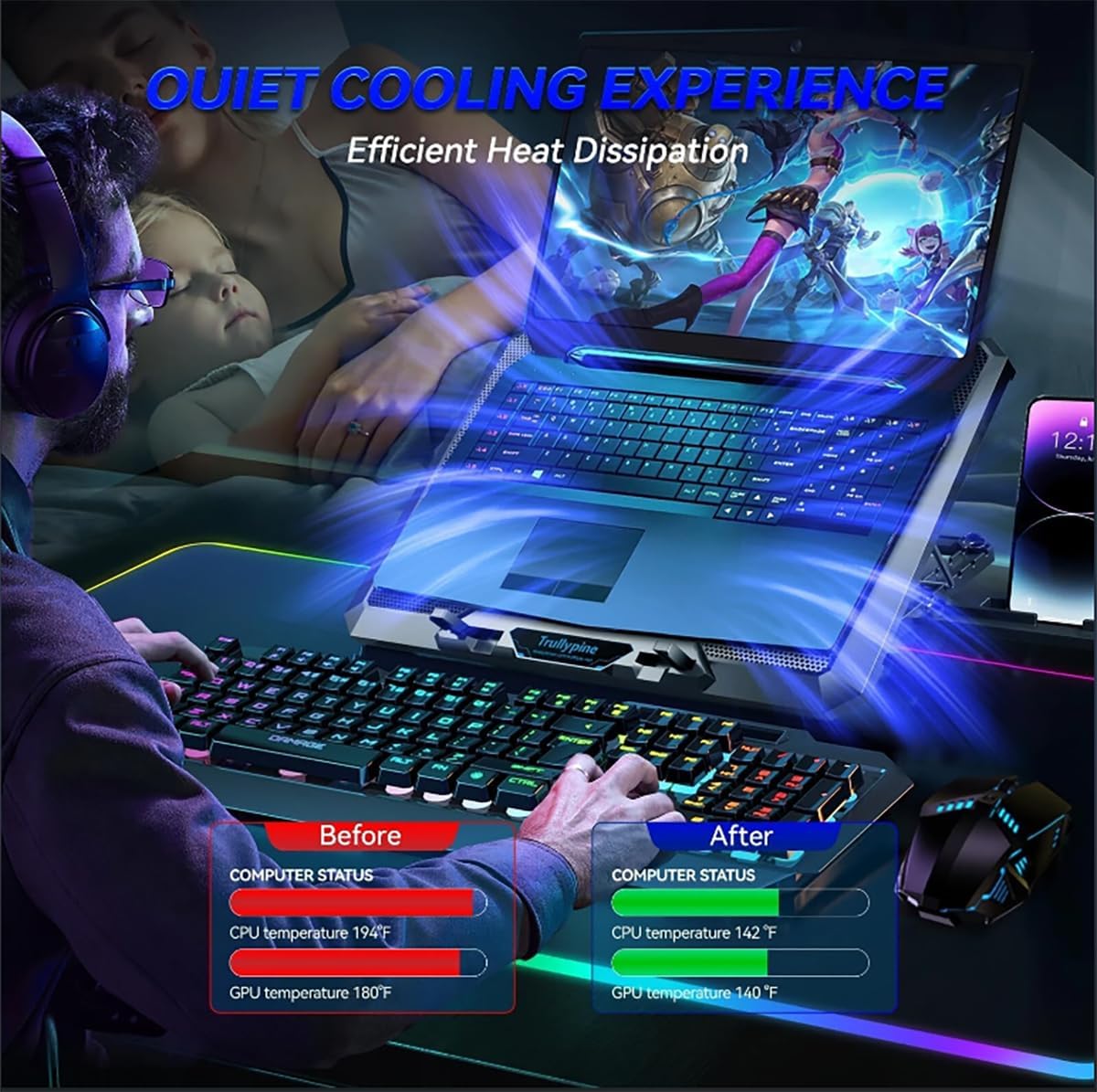 Laptop Cooling pad for Dell Latitude 3340 Gaming laptops, Laptop Cooler with 8 Fans, Adjustable Speed, 5-Level Height Adjustment, Mute Silent,Built-in Phone Stand