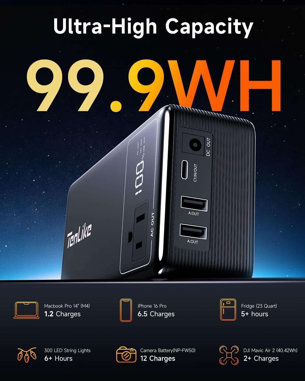 Portable Power Station with AC Outlet Power Bank for Camping Essentials Small Electric Mini Generator Large Lithium Battery Plug in Output 60W Type-C Laptop Home Backup Outdoor Emergency 99.9Wh, Black