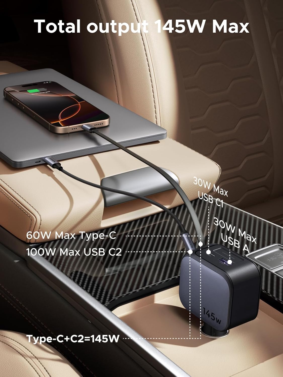UGREEN 145W 4-Port Retractable Car Charger with 60W Retractable Cable | 3 USB-C 1 USB-A, Compatible with iPhone 17 Air 17 Pro 17 Pro Max 16 15 14 13 12, Galaxy S25 S24 S23 Ultra, iPad, MacBook