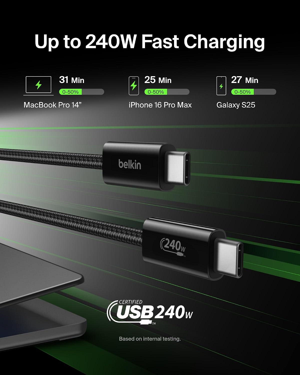 Belkin USB C to USB C 240W Cable 2 Pack, 6.6ft Fast iPhone Charger Cord | iPhone 15/16/17, Samsung Galaxy S26, Pixel 10, Airpods, iPad, Nintendo Switch 2, MacBook, Steam Deck, Travel, Chromebook