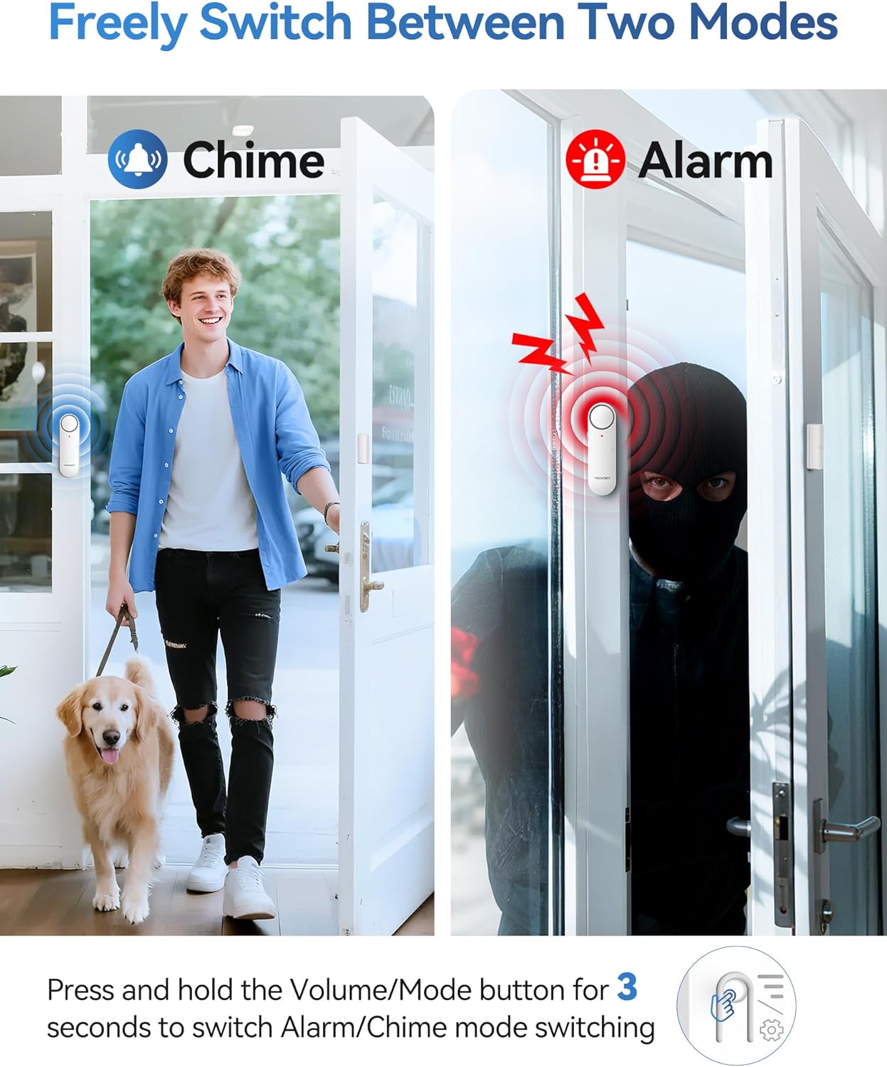 TECKNET Door Alarms When Opened, Window Door Alarm for Kids Safety, 2-in-1 Alarm & Chime, Door Sensor for Home Security, 3-Level Volume Control, Window Alarms for Garages, Apartment, 3Pcs