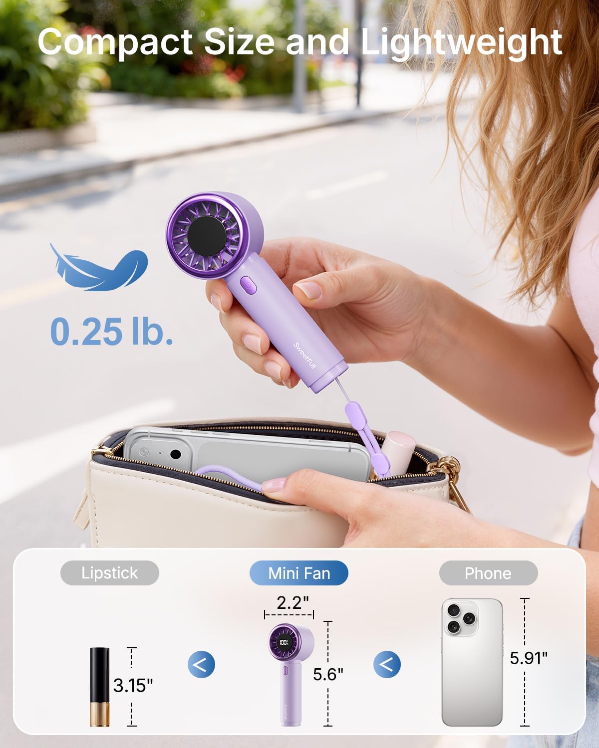 SWEETFULL Portable Handheld Fan, Mini Rechargeable Personal Hand Fan | Strong Airflow, Pocket-Sized, Up to 12H, 5 Speeds, Quiet Cooling Travel Essentials, Cute Gifts for Women, Girls, Lash, Makeup