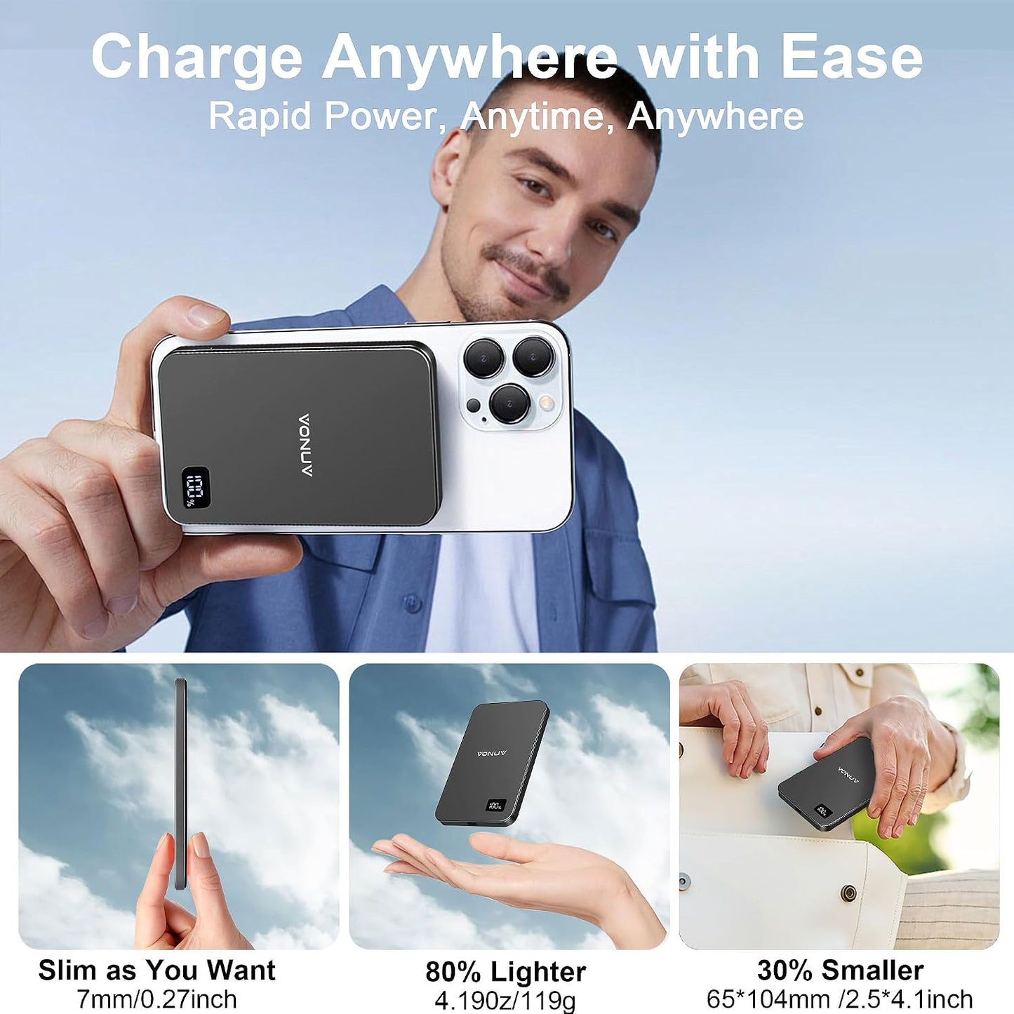 Magnetic Portable Charger 5000mAh, 15W Ultra Slim Wireless Portable Charger, Fast Charging for iPhone 17/16/15/14/13/12 Pro/Pro Max/Plus, Metal Shell, USB-C Cable to Charge Other Phones (Grey)