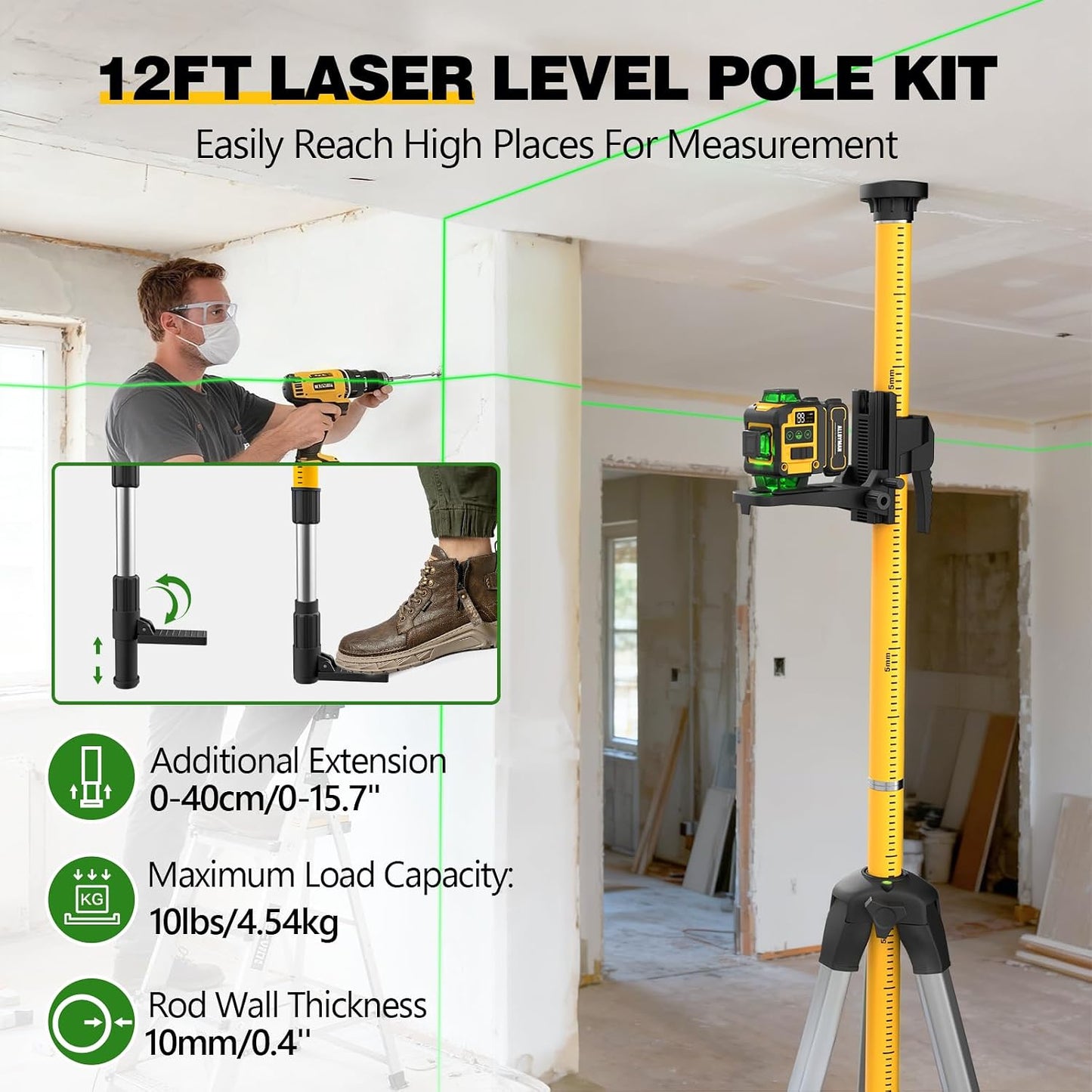 Alloyman 4x360°Self Leveling Laser Level, 12 Ft./3.7M Professional Laser Level Pole with Tripod, Green Line Lazer Leveler Tool with 2* Li-ion Batteries for Picture Hanging, Tile, Home Renovation