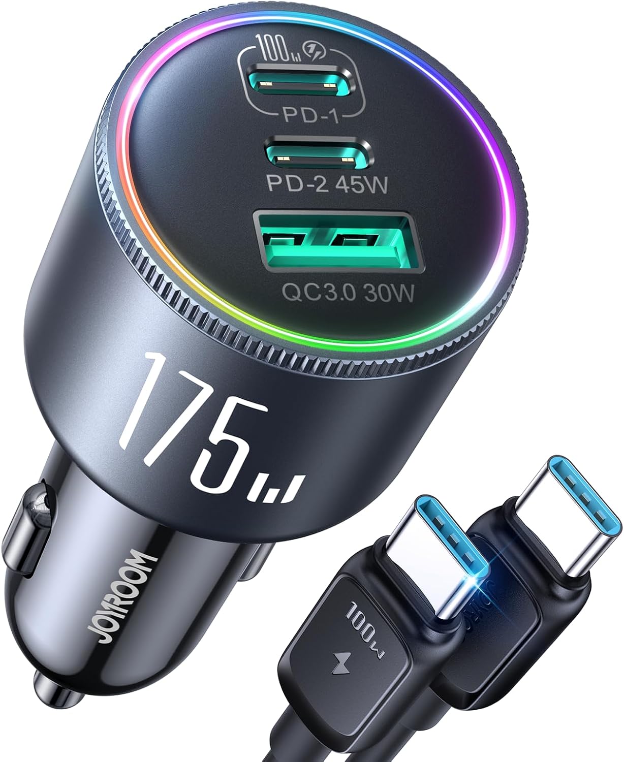 JOYROOM 175W Car Charger USB C Fast Charge 3-Port Cigarette Lighter Charger | GaN Super Fast Car Charger, PD100W+PD45W+QC30W, Heat Dissipation, Ultra Safe, Soft LED Ambient Light, 4ft 100W Cable Included