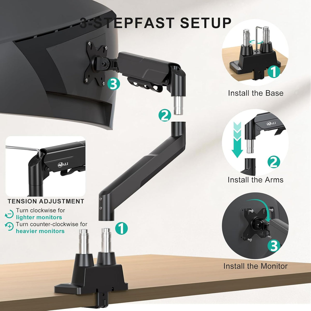 WALI Longer Dual Monitor Arm for 13-43 inch Curved Screens, 33 lbs per Arm
